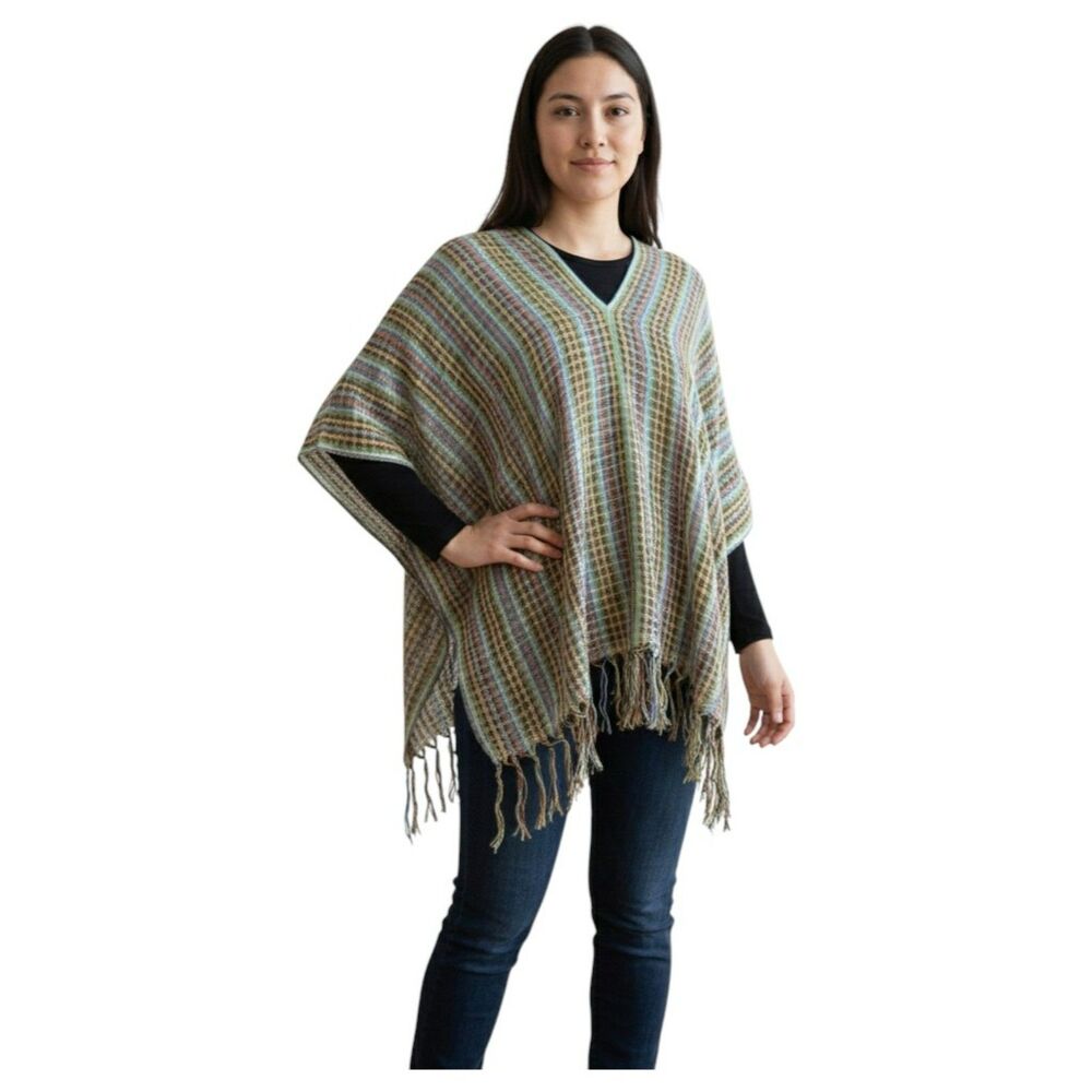 La Casa de las Artesanías de Oaxaca Handwoven Multicolor Plaid Fringe Poncho OS
